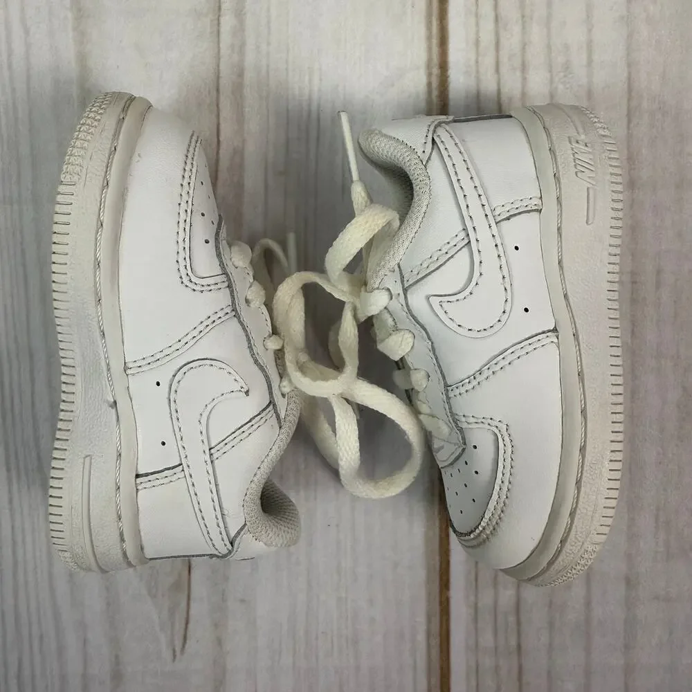 Kids Nike Air‎ Force 1 Low White Leather Lace Up Sneakers Size 4C